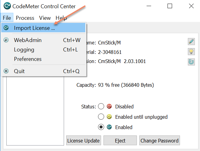 Import License menu